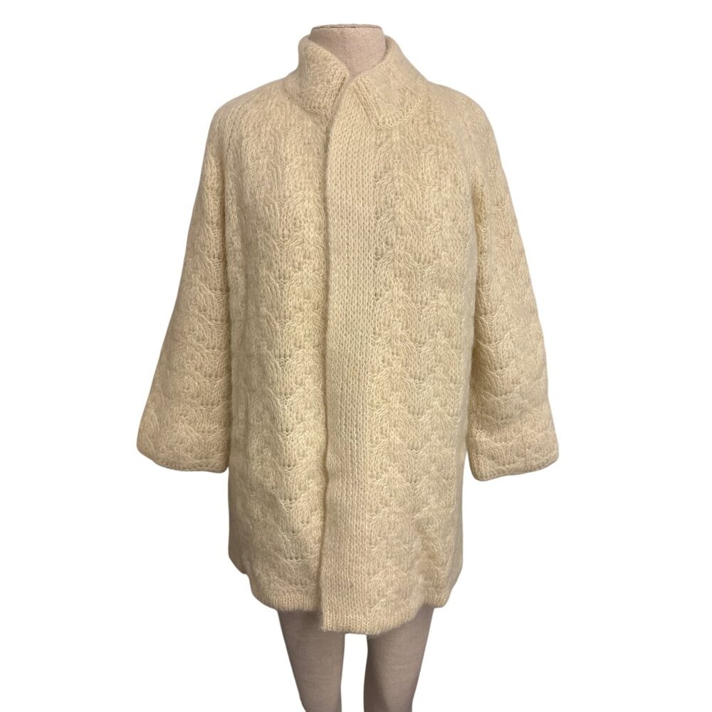 Vintage Womens Size 38 Cream Mohair Blend Knit Coat With Cable Pattern Satin Lin